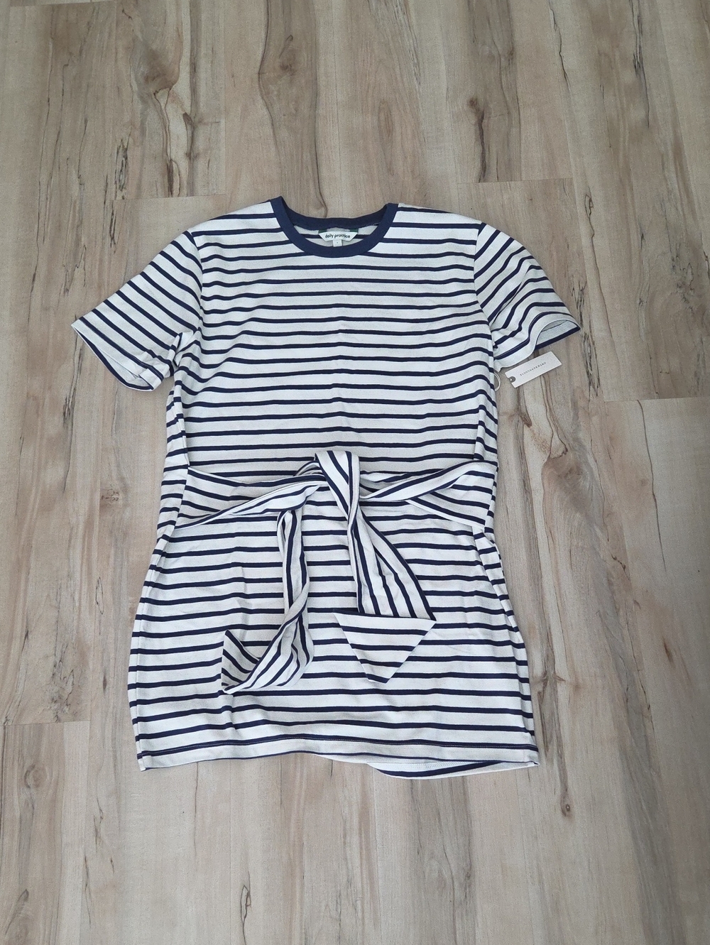 NWT Anthropologie Striped Tie Waist Tee Dress Navy Off White Cream Small Mini